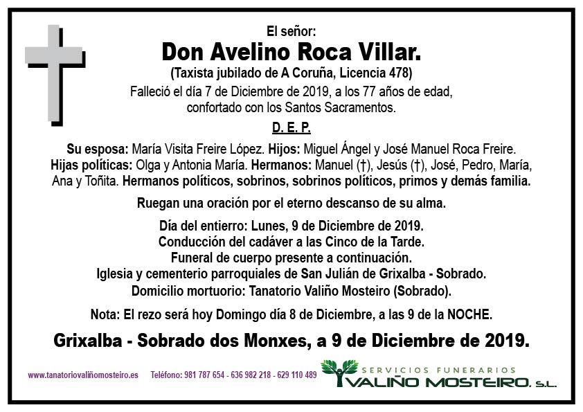 Esquela de Avelino Roca Villar.